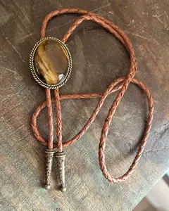 Southwestern Tigers Eye Bolo Tie - Gifts for Him Cabochon Indian Leather Cowboy Necktie Accessories Mens Necklace - Leather Cord Woven