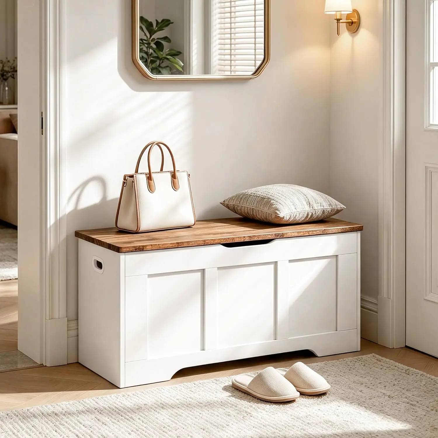 39.4" Wooden Storage Bench with 2 Safety Hinges, Flip Top Trunk for Entryway Hallway Bedroom Living Room, 350lbs Load Capacity, Blanket Organizer