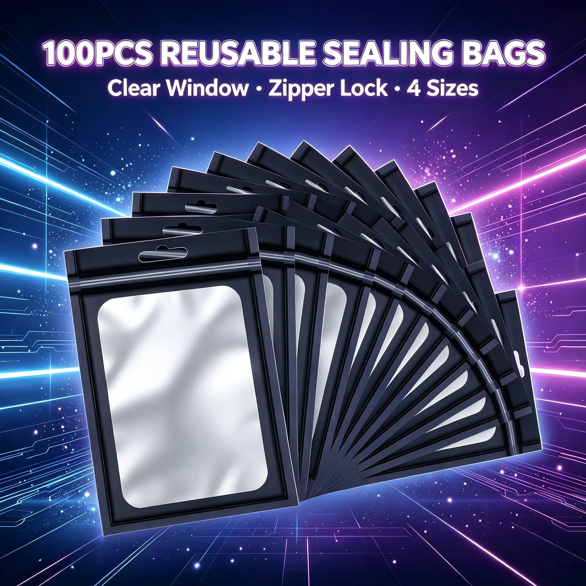 100PCS Mylar Bags Resealable Zip Pouches with Clear Window, Multi Size Foil Packaging Bags for Small Business, Jewelry, Candy, Sample Storage