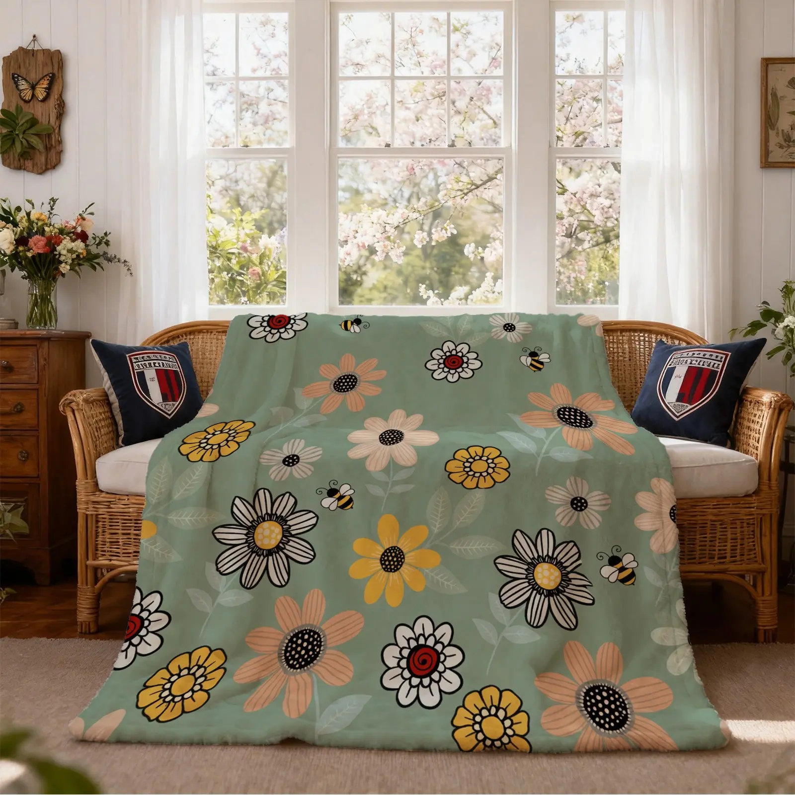 1pc Ins Style Flower Print Throw Blanket, Boho Style Blanket, Single-sided Printed Skin-friendly Portable Blanket, Great Gift for Girls & Friends on Birthdays & Holidays
