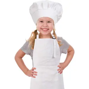 Kids apron and chef hat set, adjustable cotton child aprons with large pocket white girls boys kitchen bib aprons for cooking baking painting