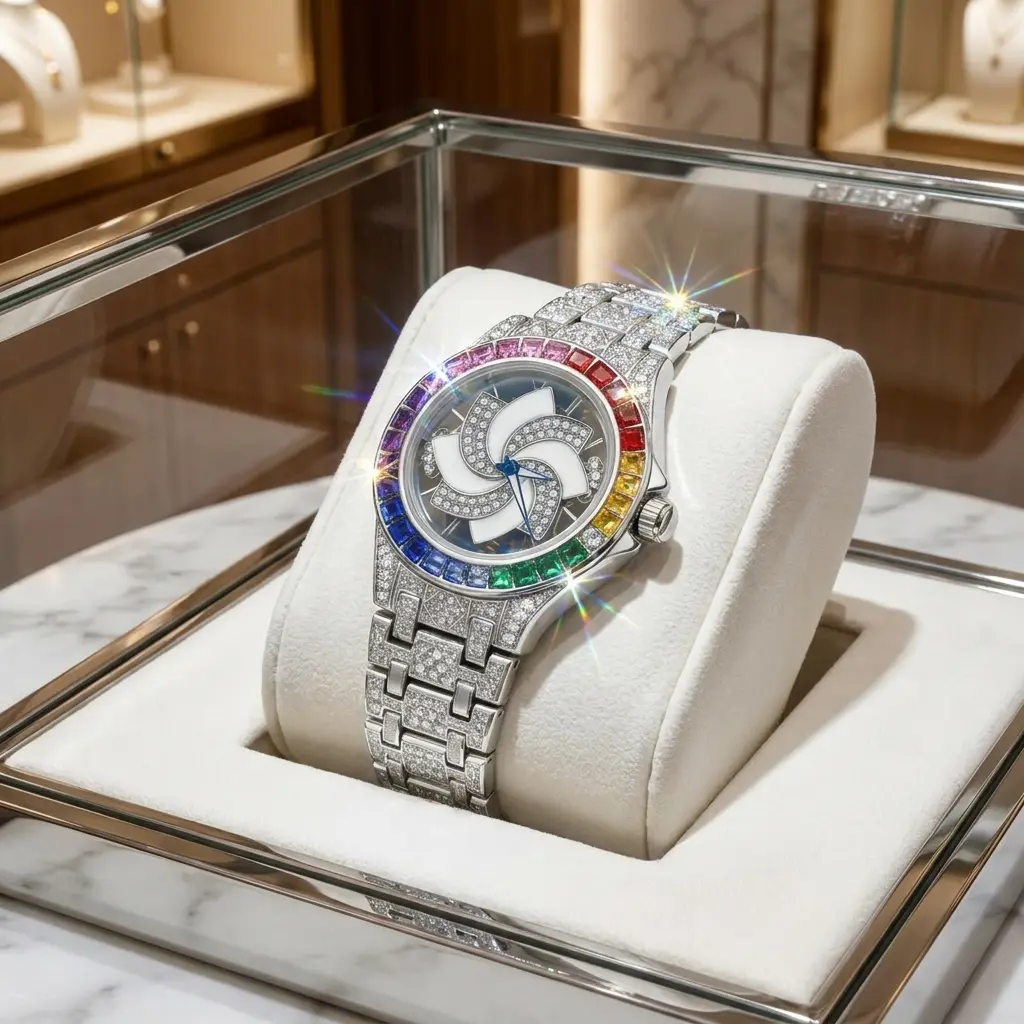 Women's Luxury Quartz Watch, Elegant Iced Out Design with a Rainbow Gemstone Bezel and Crystal-Paved Spiral Windmill Dial, Elegant Fashion Watch, Boujee Luxury Quartz Watches