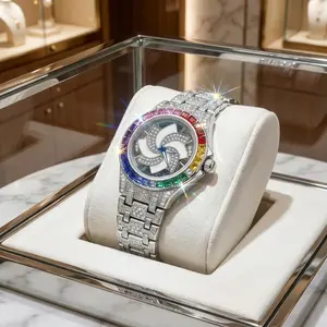 Rainbow Iced Spiral Dial Luxury Ladies Watch，Rainbow Gemstone Bezel Iced Out Ladies Quartz Watch, Spiral Windmill Dial Fully Paved With Crystal Stones