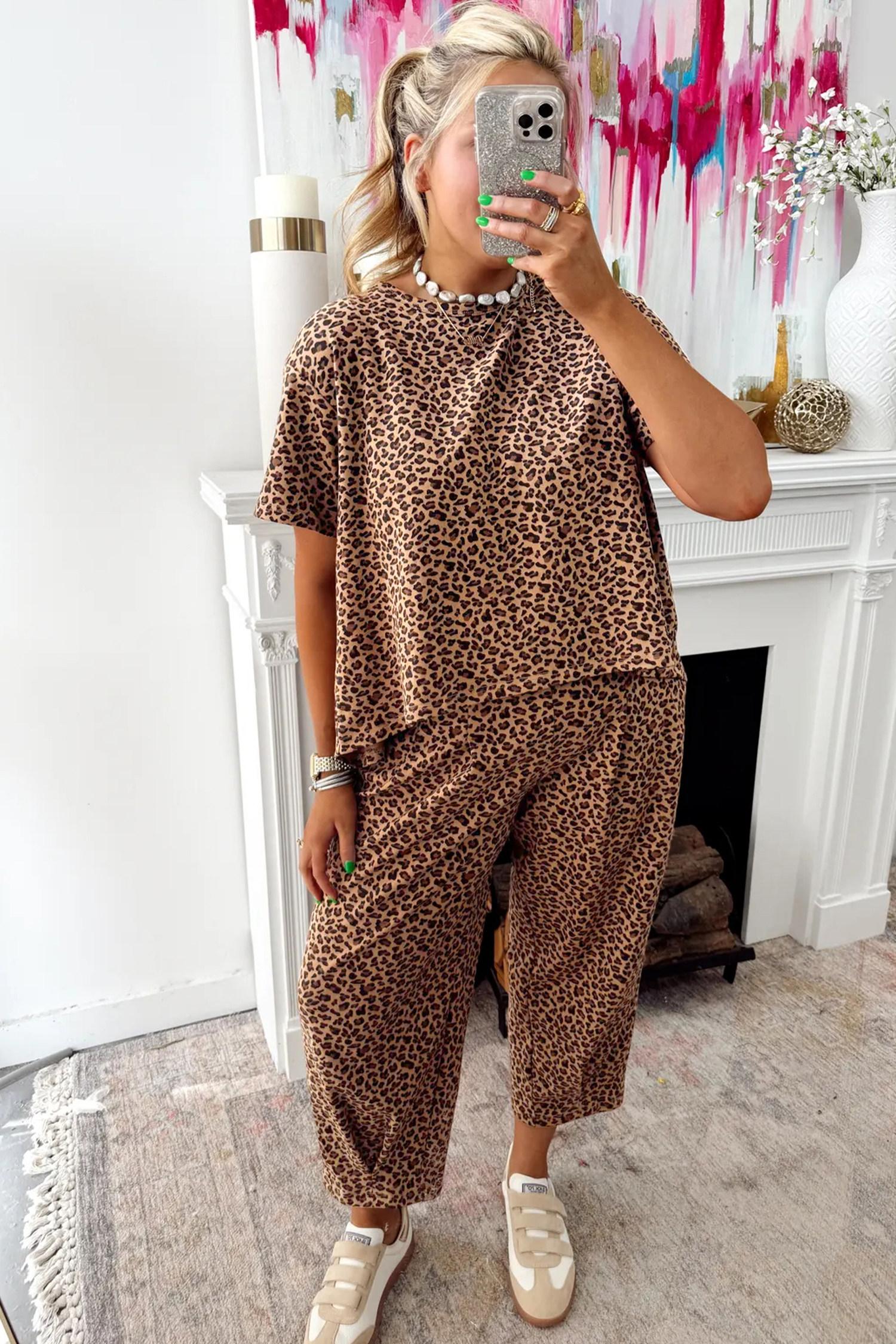 Mntaor Women’s Brown Leopard Print High-Low Loose Top & Ankle-Length Drawstring Pants Set Soft Casual Outfit for Everyday Wear Weekend Errands or Stylish Loungewear Pajama