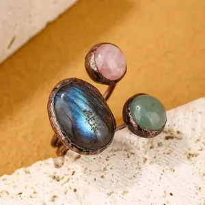 Natrual Irregular Green Aventurine Labradorite Rose Quartz Gemstone Ring Vintage Bronze Adjustable Retro Ring Unshaped Original Raw Stone Ring Gift For Women Man Girl Boy Party Accessory Jewelry Gift For Bithday Christmas Hallowmas Fashion Ring
