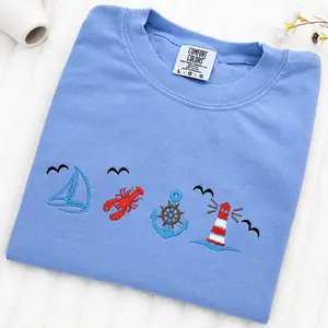 Coastal Nautical Summer Embroidered Shirt, Beach Lover Shirt, Summer Embroidered Shirt, trendy Summer tee