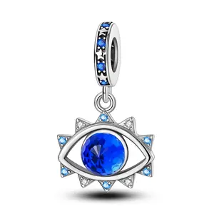 MULA Evil Eye Protection Dangle Charm, 925 Sterling Silver, Sunburst Design with Faceted Blue Glass, Spiritual Amulet Bead for Pandora Bracelet, Perfect Gift for Her