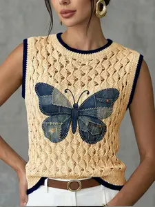 Women's Vintage Butterfly Patchwork Knitted Vest, Casual Sleeveless Sweater for Spring Summer Fall, Breathable Loose-Fitting Top, Casual Comfy Vests