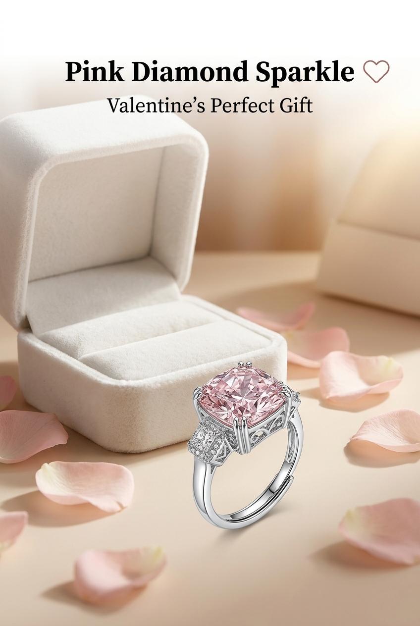 Luxury Cushion Cut Pink Diamond Ring, White Gold Plated Color Gemstone Ring, Elegant Party Index Finger Ring