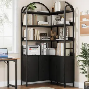 L-Shaped Corner Bookcase with Arched Design, 6 Tiers, Cabinet with Doors, Tall Storage Shelf for Living Room, Dining Room