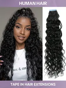 20pcs Tape In Hair Extensions Human Hair Water Wave 1B Natural Black 12-24 Inch Seamless Double Sided Strong Hold Tape Ins Invisible Skin Weft Remy Human Hair Tape In Hair Extensions Natural Wavy Hairpieces Human Hair Weave