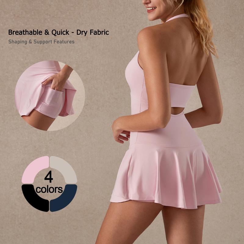 TimeOFF Women's Halter Backless Sporty Dress , Hidden Pockets, Soft Stretch , Ideal for Yoga, Tennis , Gym Workoutdress Activewear