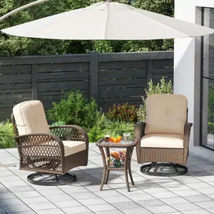 COSTWAY 3 Pieces Wicker 360° Swivel Rocker Set Patio Furniture, Rocking Chairs with Cushions, Tempered Glass Coffee Table, Outdoor Rattan Bistro Set for Balcony Front Porch Deck Poolside