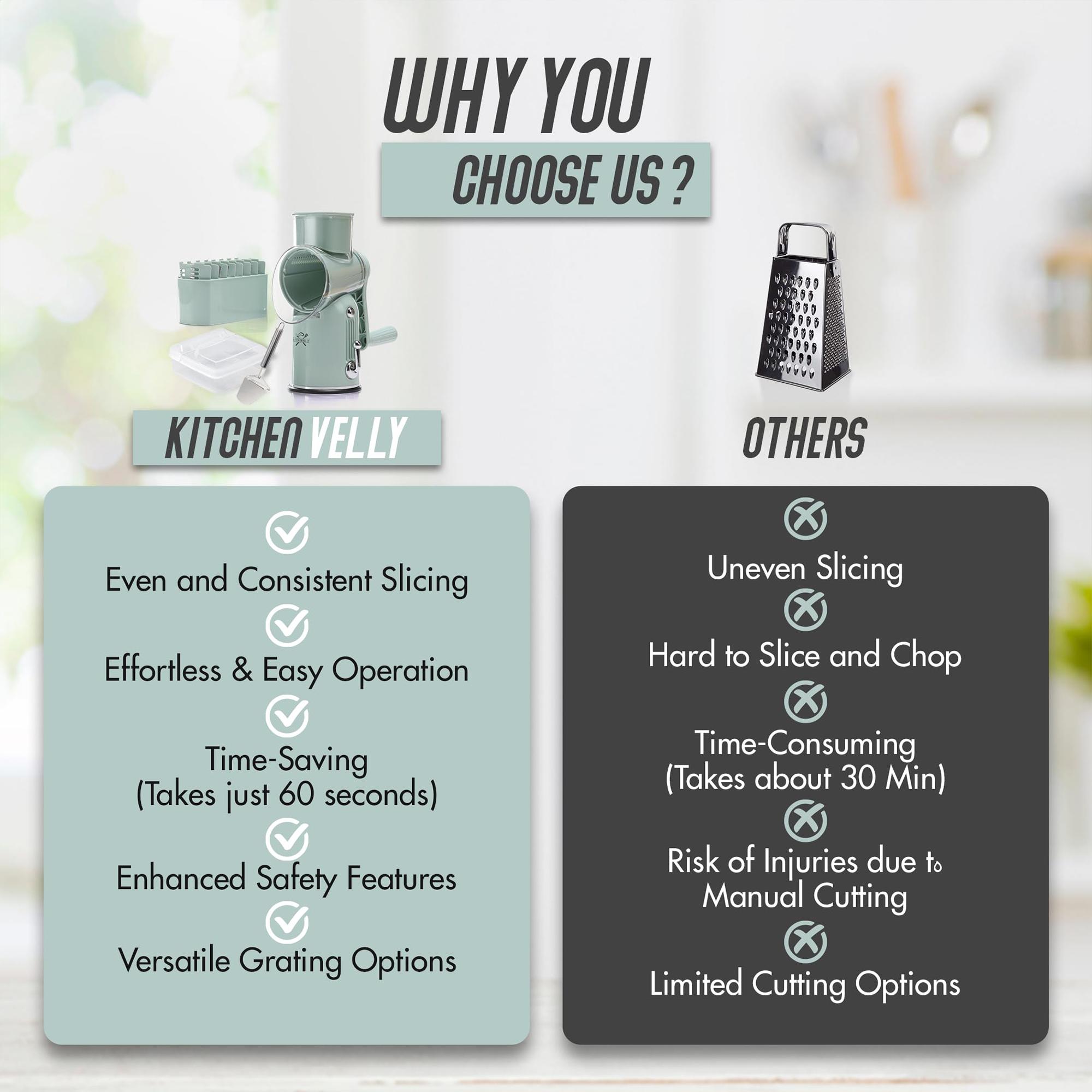 Rotary Cheese Grater with Handle 5 in 1 Vegetable Shredder with 5 Blades, Strong Suction Base, Round Mandoline Slicer & Blade Storage Box Kitchen Steel Stainless Utensils Curve Smooth