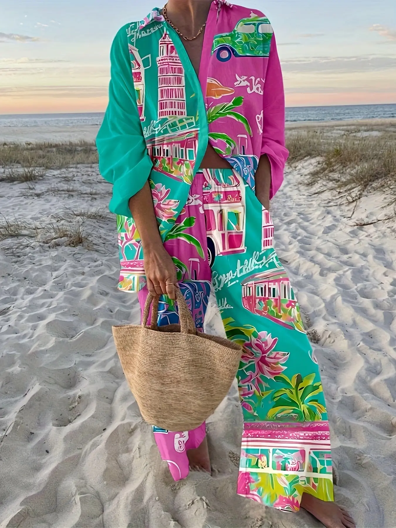 Women's Set Beach Vacation Boho Style Multi-Color Print Long Sleeve Shirt + Trousers Bohemian Womenswear Matching Clothing Set Summer Lounge Sets Casual Summer Set