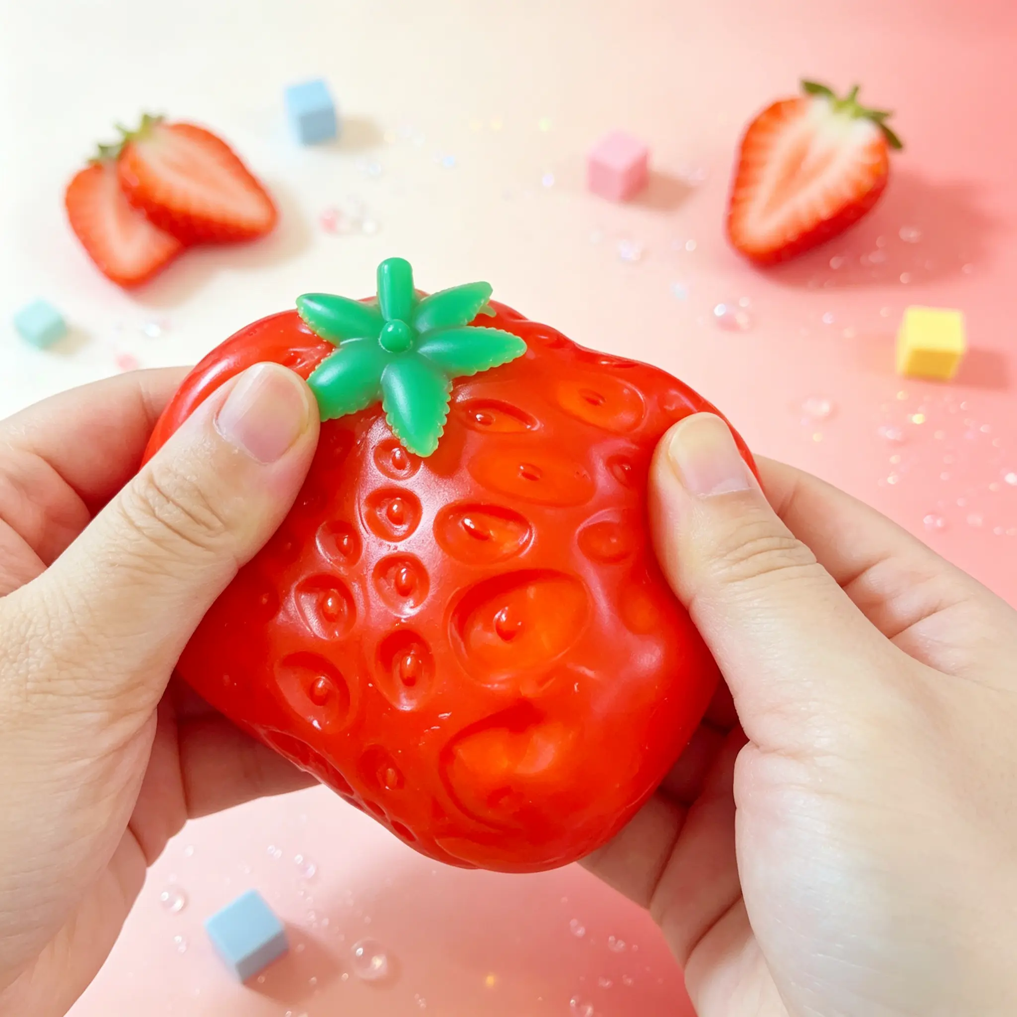 [7cm Crunchy Strawberry Squishy] ASMR Fruit Crispy Squishies Handmade DIY Stress Ball Squeeze Fidget Toy