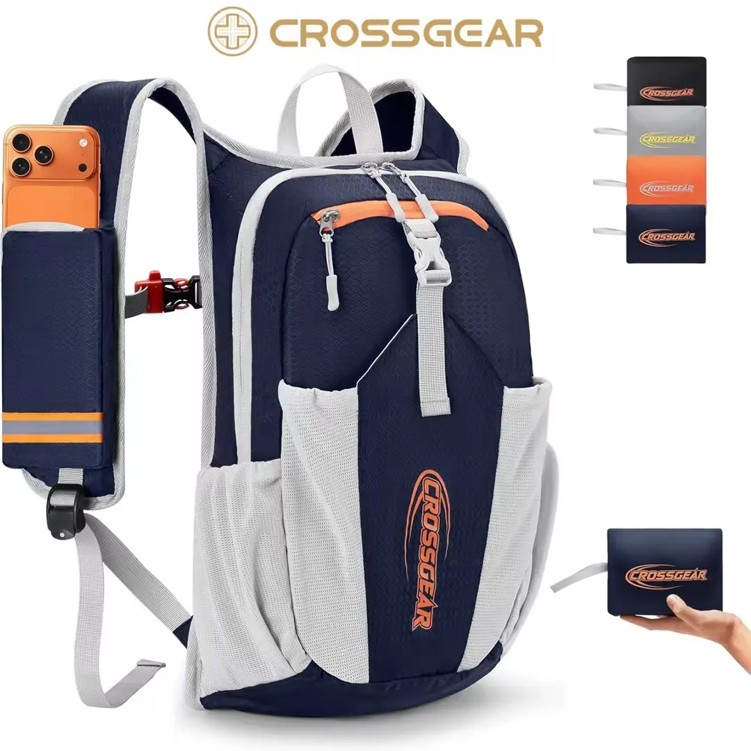 CROSSGEAR 16L Nylon Foldable Waterproof Carry Backpack - Foldable to 6.7×5.5in, Lightweight Adjustable Anti-Theft Daypack with RFID-Block Pocket, Quick-Grab Stash Backpack Luggage for Travel Camping (17.7×11×5.1in)