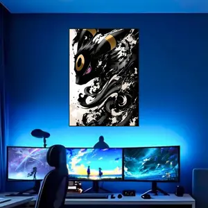 Umbreon Poster, Dark Type Pok3mon with Black Ink Swirl and Purple Eye Accent, High Quality Cardboard Print for Anime Enthusiasts, Bedroom or Gaming Room Decor Gift