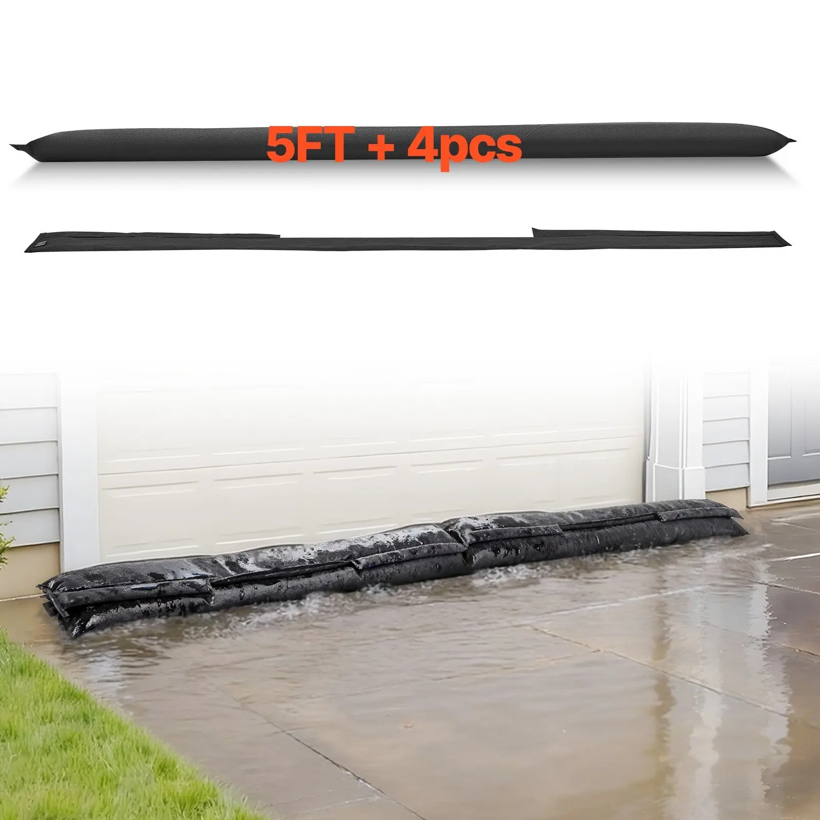Flood Barrier Kit, 4 Pack, 5 x 0.7 ft Water Activated Flood Bags, Reusable Absorbent Barrier For Home, Doorways, Basements And Garages, Sandless Sandbags For Quick Flood Prevention And Blockage Protection