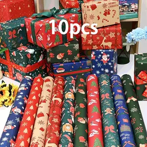 10-Pack Durable Reusable Christmas Wrapping Paper & Wall Decor Stickers - Cartoon-Themed Holiday Designs with Christmas Tree, Reindeer, Snowflakes, Santa, Bells - Vibrant Mixed Colors for Gift Boxing & Festive Home Decor, Funny Christmas Decorations, Play