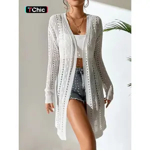 New Thin Lazy Style Mid-Length Knit Coat Women Autumn Open Front Casual Fashion Slim Hollow Out Elegant Sweater Cardigan Top