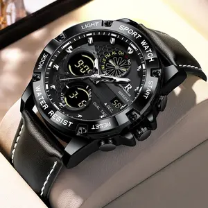 New dual display men's leather watch, student trend waterproof electronic watch, decoration, night light, alarm clock, chronograph, calendar, countdown timer