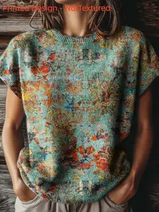 Spring Summer Fashion New Arrival Elegant Sleeveless Sweater, All over Print Slim-Fitting Round Neck Women's Knit Top, Trendy Digital Print