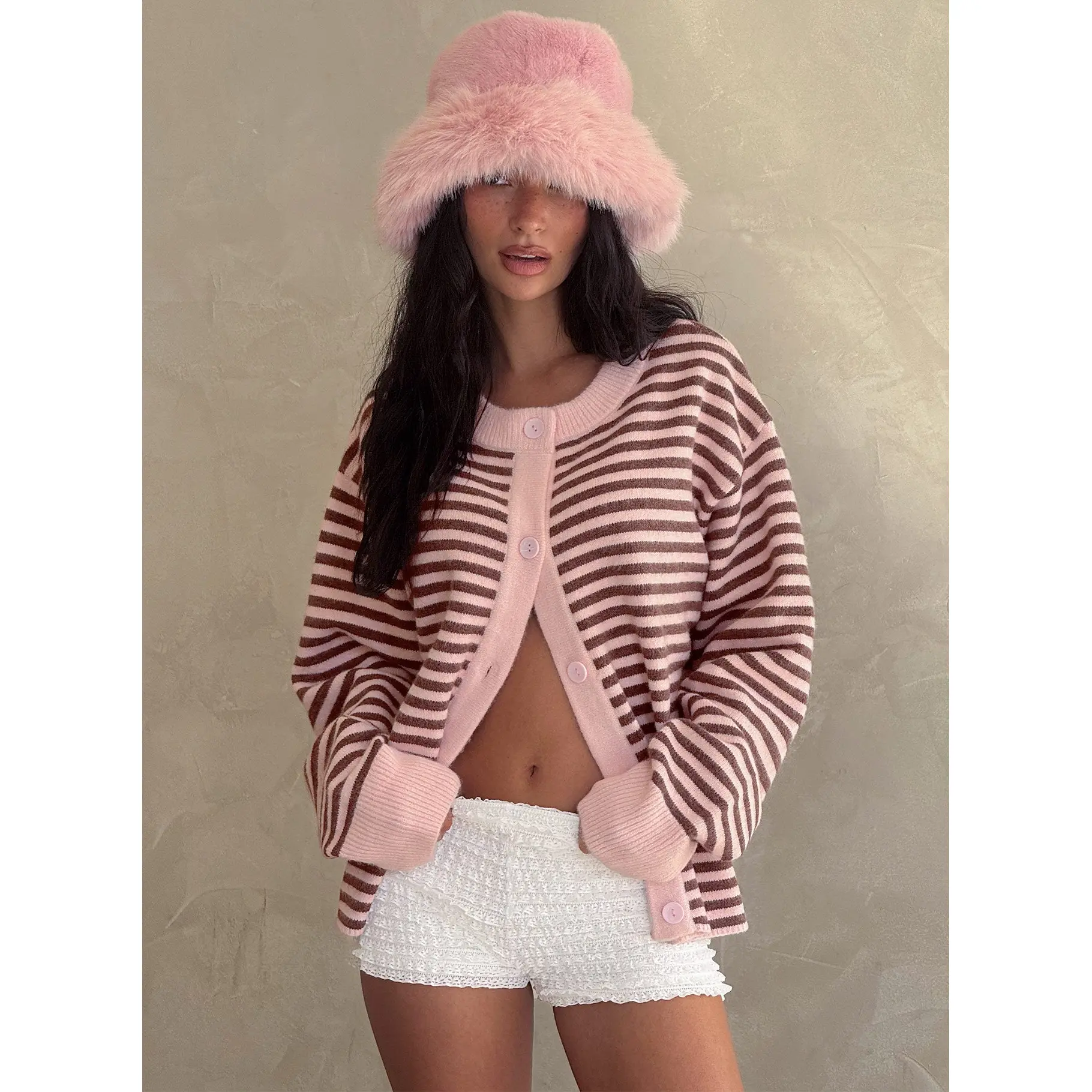 Darnelle Button Up Knit Cardigan Pink Stripe