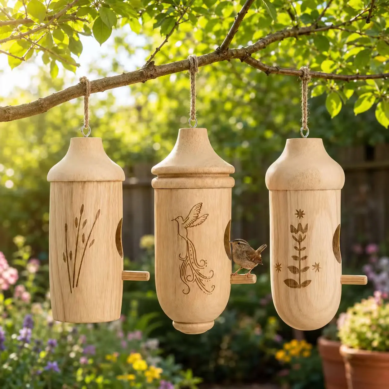 3PCS Hummingbird Nest House Set，Eco-Friendly Wooden Hummingbird House for Outside, Small Bird House with String, Cute Pet Supplies for Bird Cages & Accessories, Gardening Gift and Home Decoration