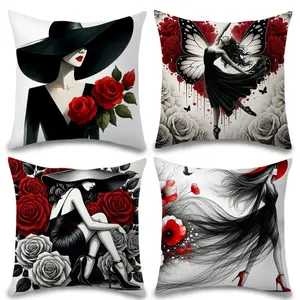 Valentine's Day Pillow Covers Set of 4, Romantic Rose Design, Zipper Closure, Polyester Material, Multiple Sizes Available