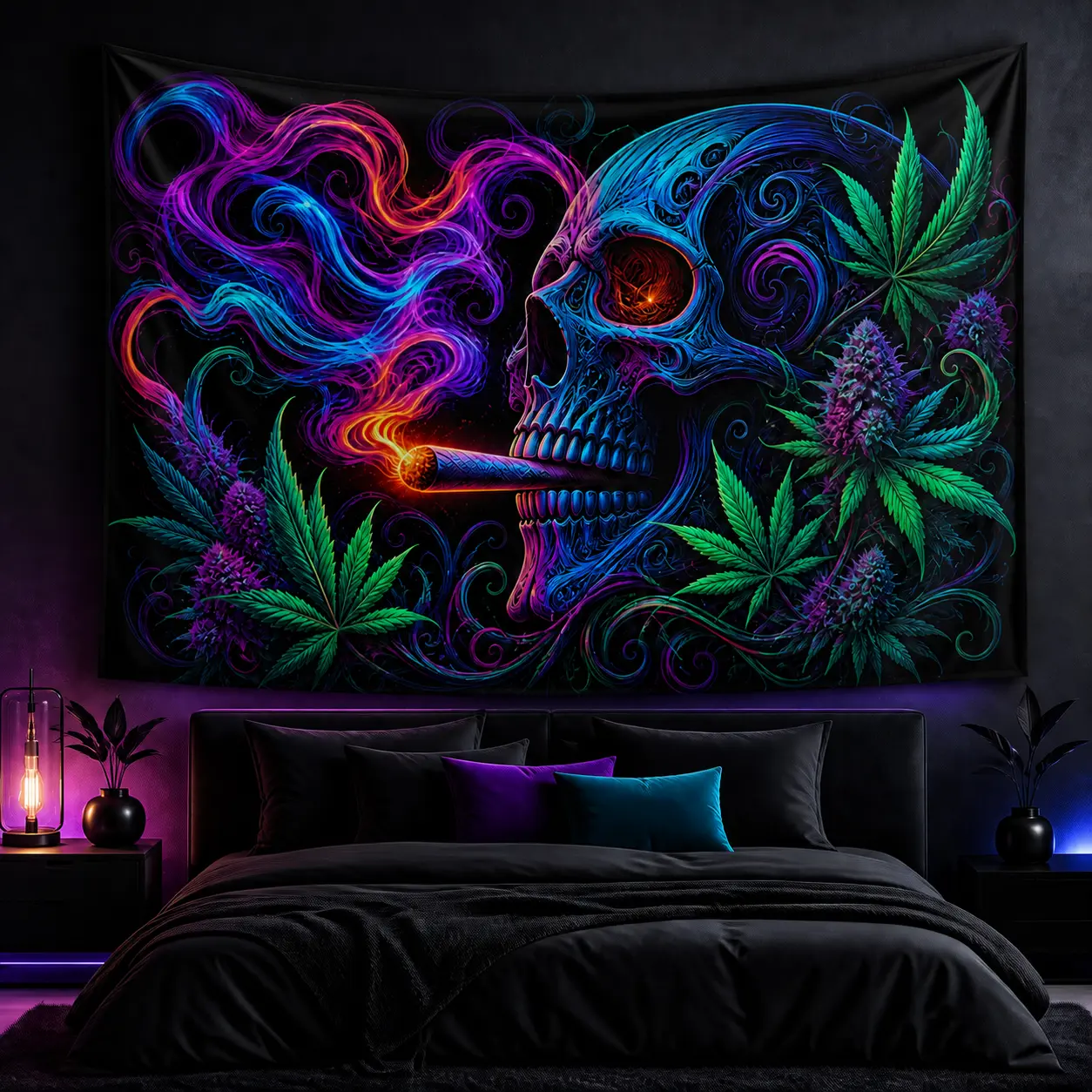 Neon Smoking Skull Wall Tapestry, Psychedelic Cannabis Leaf Blacklight Style Art, Lightweight Linen Fabric for Bedroom, Game Room or Dorm Decor
