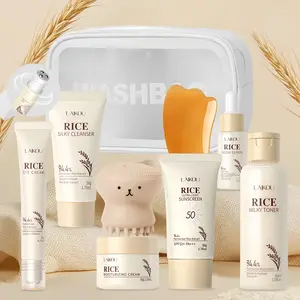 Rice Skin Care Set, 9pcs With Cleansing ,Toner, Eye Cream, Serum,Suncreen,Face Cream,Scraping Pate,Octopus Brush,Makeup Bag,Deep Moisturizing , Hydrating Soothing,Best Gift