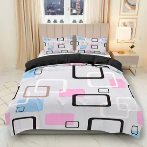 3PCS Duvet Cover Set, 1 Duvet+2 Pillowcases(Without filler), Geometric Pink Blue Black Rectangle theme, Universal bedding set, Modern Pattern Suitable for decoration bedroom, guest room, hotel, apartment.