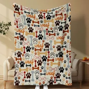 Dog Paw Print & Bone Pattern Blanket, Soft Throw Blanket, Air-conditioned Room Blanket, Warm Nap Blanket for Home Office Travel Camping.Thin Blanket Dream Workshop