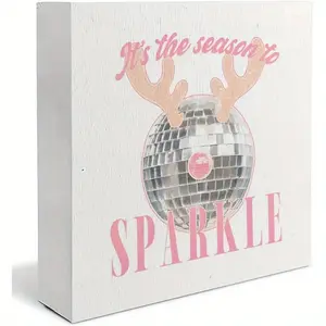Christmas Wooden Box Sign, Trendy Disco Ball Reindeer Christmas Wood Signs for Home Office Desk Table Tabletop Shelf Decorations, Retro Christmas Decor, It's The Season To Sparkle Sign 5x5 Inch