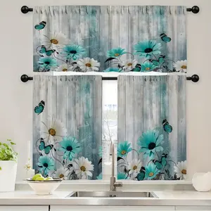 2D Flat - 2D Flat - Set of 3pcs of 2D Flat Printed Kitchen Curtains Featuring a Retro Design with White Daisies, Cyan Daisies, And Cyan Butterflies. Includes Rod Pocket Valance And Tier Curtains, Perfect for Window in Kitchens, Cafes Foldable Colorful