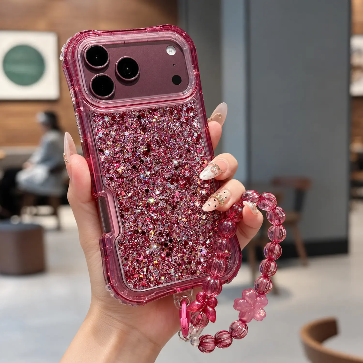 HISTORYOO Defender 3in1 Dual Layer Case For iPhone 18 Pro Max 17 16 15 14 13 12 11 Candy Color 4Corner Air Protection PC Hybrid Resin-casting Glitter Soft Translucent Beads Bracelet Small-Waist-Design Shockproof Bumper Luxury Protective Cover Phone Strap