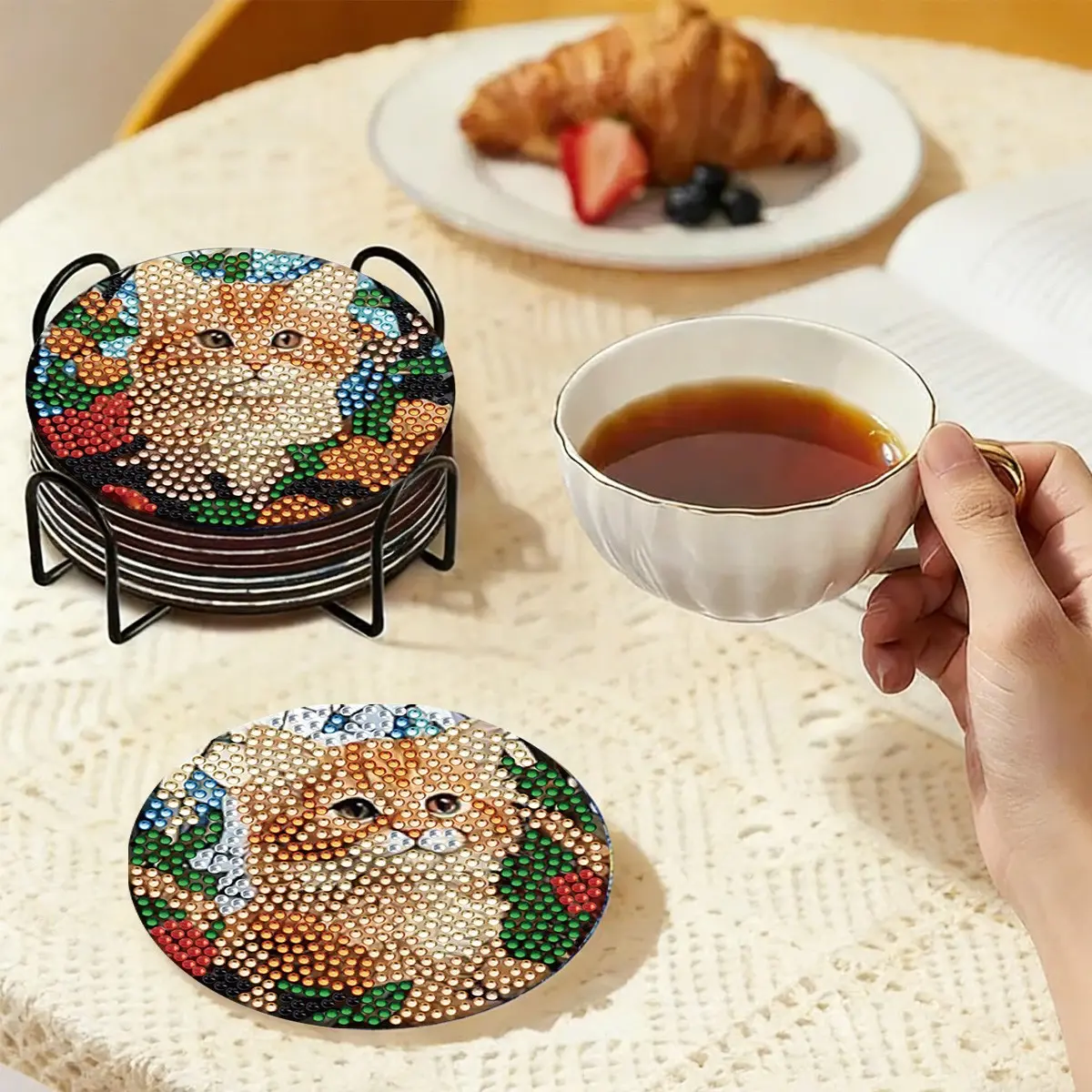 8-Piece Cute Cat Diamond Painting Coasters, Diamond Art Coasters, DIY Wooden Cup Mats with Stand Kit, Insulated and Non-Slip, Perfect Gift for Adults and Beginners