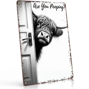 "Are You Pooping?" Highland Cow 8x12 Inch Aluminum Metal Sign - Funny Bathroom Wall Decor for Powder Room, Guest Bath, Master Bathroom, and Farmhouse Themed Spaces - Retro Vintage Tin Poster with Adorable Highland Cow Peeking Illustration
