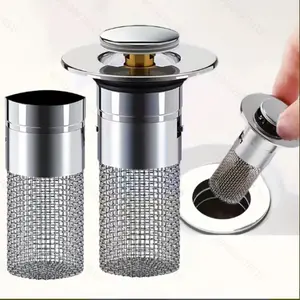 Bathroom Sink Pop-Up Drain Strainer with Removable Stainless Steel Filter Basket Hair Catcher, Silicone-Rubber Stopper for Shower Cleaning, Easy Installation for US Bathroom Sink Replacement