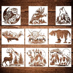 Animal Wood Burning Stencils 9 Pcs Deer Bear Horse Moose Owl Fish Wolf Fence & Spray Painting Drawing Templates