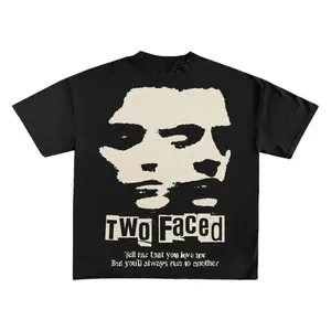 Retro 'Two Faced' Graphic T-Shirt, Vintage Punk Overlapping Faces Design with 'Tell Me That You Love Me' Lyric Print, 100% Cotton Oversized Crew Neck Tee, Unisex Short Sleeve Emo Streetwear Top for Breakup, Toxic Relationship & Alternative Style Fans