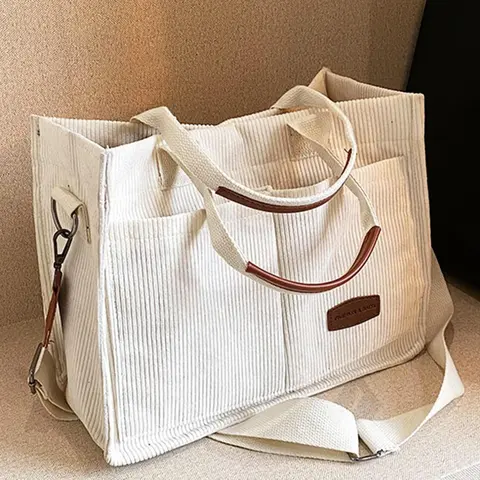 Women's Casual Minimalist Corduroy Tote Bag, Letter Patch Decor Shoulder Bag for Daily Used, Casual Trendy Versatile High-quality Daily Commuting Bag, Girl Fashionable Shopping Bag, Casual Commuter Bag for Fall Winter