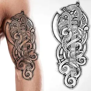 2x Temporary tattoo viking axe dragon nordic black stick tribal barbarian celtic warrior on body art sticker transfer arms shoulder back for adult men women medieval fancy dress
