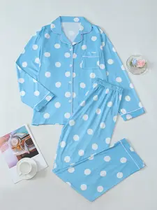 Women's Polka Dot Vintage Winter Pajama Set, Comfortable Cotton-Like Collar Long Sleeve Fitted Sleepwear, Loungewear, Casual Home Wear for Ladies, Homewear