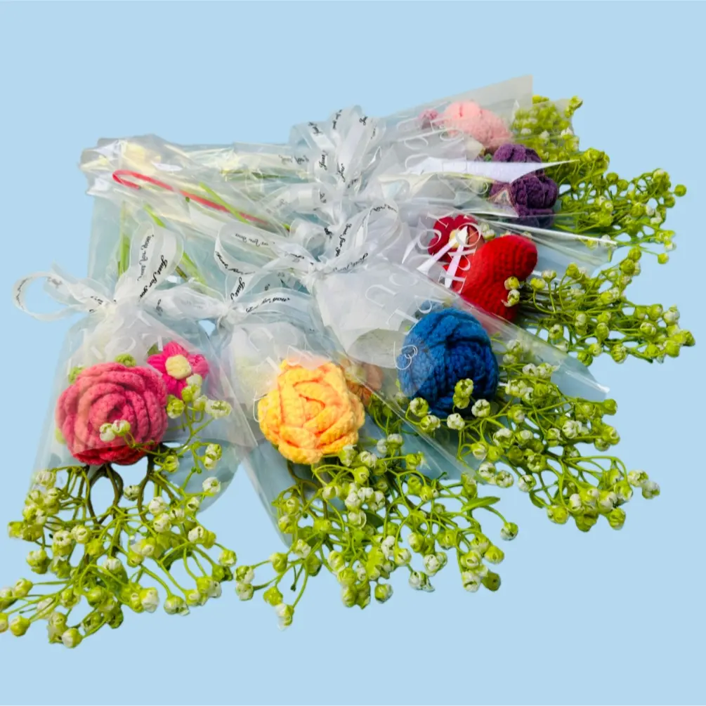 Handmade Crochet Single Rose Heart Bouquet, Party Gift, Anniversary Mother's Day Birthday Present, Wrapped Packaging Included