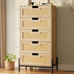 【GARVEE】Rattan 5-Drawer Dresser, 23.6''Wx15.7''Dx47.2''H, Boho Style with Metal Handles, Modern Chest of Drawers Featuring Anti-Tipping and Silent Slides, Ideal for Bedroom, Hallway, and Kids' Rooms, Natural Finish