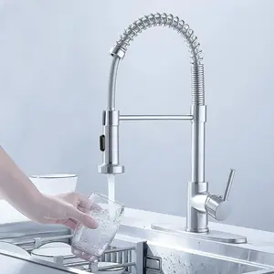 Kitchen Faucet with Pull Down Sprayer, Brushed Nickel Commercial Spring Kitchen Sink Single Handle Pull Out Sink Faucets with Deck Plate Suit to 1 or 3 Holes