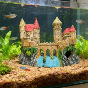 Realistic Ancient Castle Fish Tank Decor, European Style Castle Aquarium Ornament, Waterproof Resin Background Board, Shrimp Hideaway House