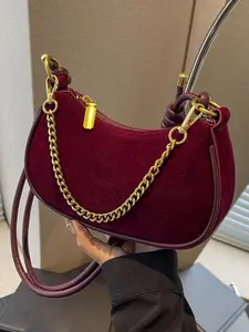 Women's Elegant Velvet Shoulder Bag, Fashionable Solid Color Chain Strap Crossbody Bag for Daily Used, Casual Trendy Versatile High-quality Daily Commuting Bag
